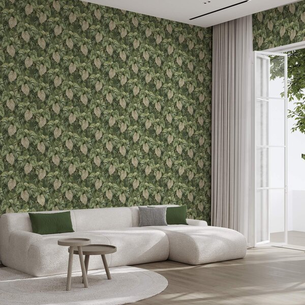 Tapet Frunze luxuriante de filodendron în nuanțe de verde și fildeș, Tapet natura, Tapet frunze, a00695 : Uwalls.ro