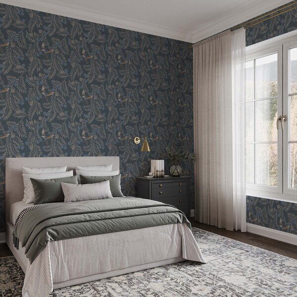 Tapet Pasăre printre fructe albastre și frunze de palmier, indigo, Tapet flori, a00726 : Uwalls.ro