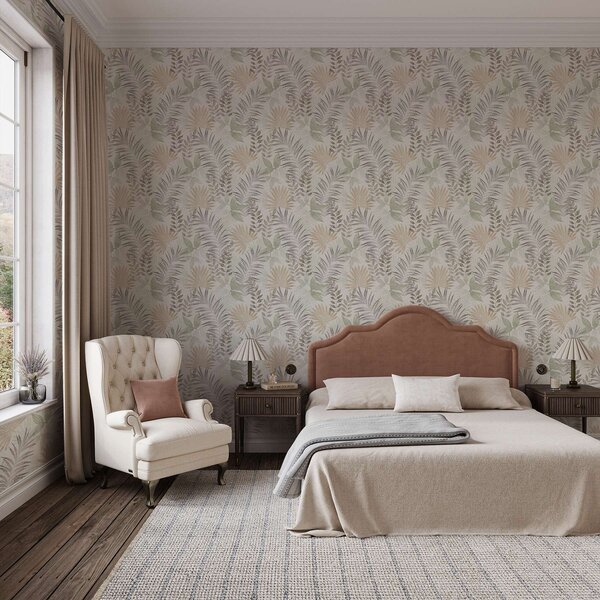 Tapet Frunze tropicale pastelate pe un fundal deschis, textură subtilă, Tapet flori, a00725 : Uwalls.ro