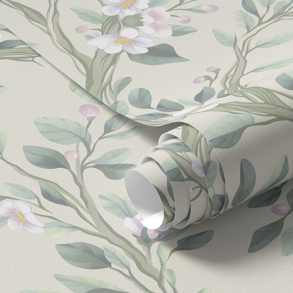 Tapet Ramuri delicate înflorite pe fond crem, pastelate, Tapet flori, a00793 : Uwalls.ro