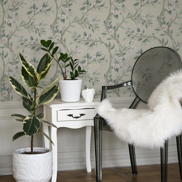 Tapet Ramuri delicate înflorite pe fond crem, pastelate, Tapet flori, a00793 : Uwalls.ro