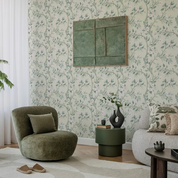 Tapet Ramuri delicate înflorite pe fond crem, pastelate, Tapet flori, a00793 : Uwalls.ro