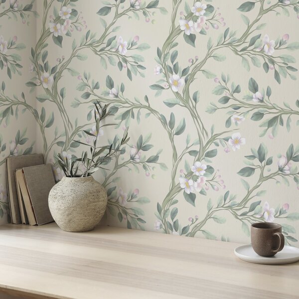 Tapet Ramuri delicate înflorite pe fond crem, pastelate, Tapet flori, a00793 : Uwalls.ro