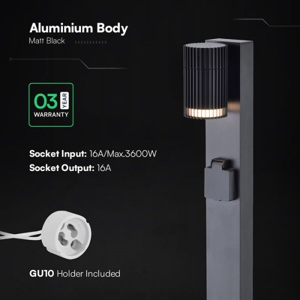 Lampă de exterior cu priză SCHUKO, soclu 1x GU10 (10W), 230V, IP44, 80 cm, neagră