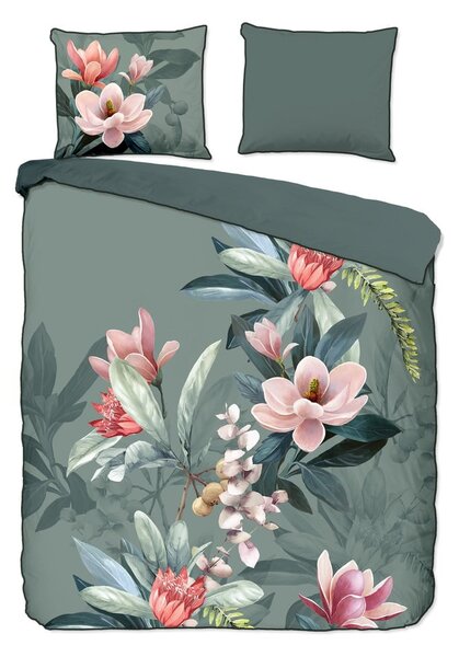 Lenjerie de pat din bumbac organic pentru pat de o persoană Descanso Rose, 140 x 220 cm, verde
