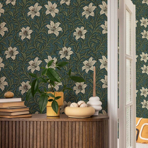 Tapet Crini crem printre vegetație densă pe un fundal turcoaz, Tapet flori, a00645 : Uwalls.ro