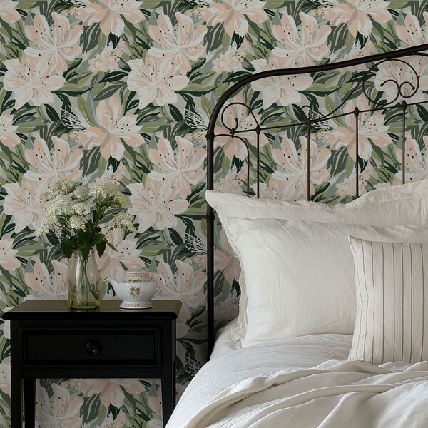 Tapet Flori mari de culoare crem pe un fundal verde deschis, Tapet flori, a00646 : Uwalls.ro