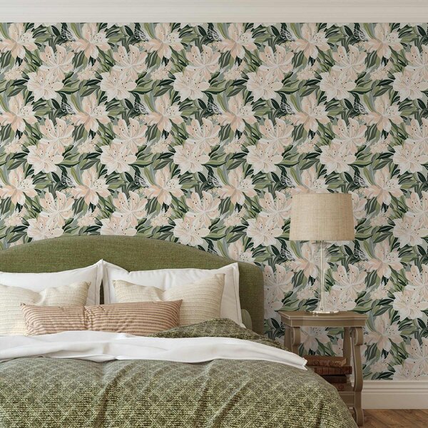 Tapet Flori mari de culoare crem pe un fundal verde deschis, Tapet flori, a00646 : Uwalls.ro