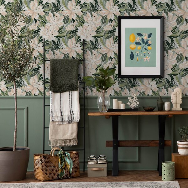 Tapet Flori mari de culoare crem pe un fundal verde deschis, Tapet flori, a00646 : Uwalls.ro