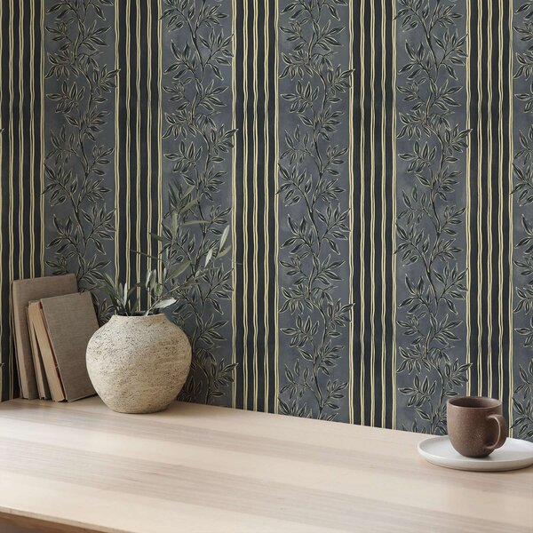 Tapet Dungi verticale cu motive botanice în tonuri închise, Tapet geometrie, Tapet dungi, a00648 : Uwalls.ro