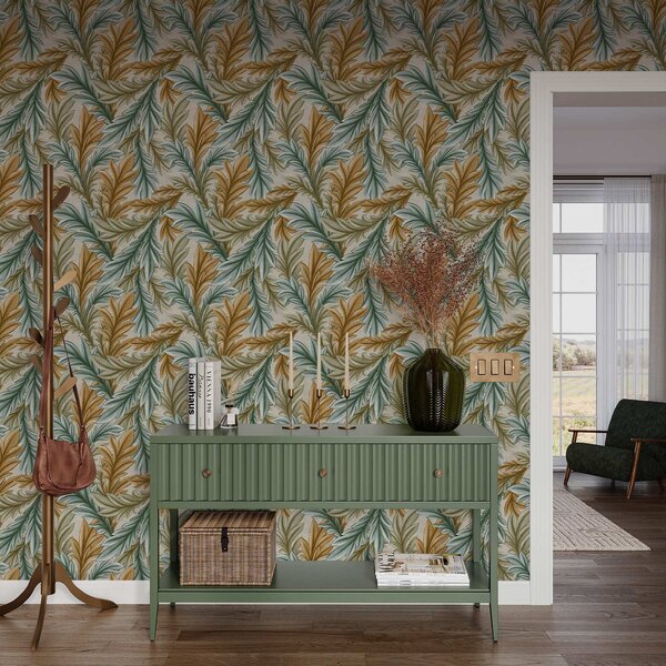 Tapet Frunziș decorativ într-o paletă caldă de ocru și verde, Tapet flori, a00673 : Uwalls.ro