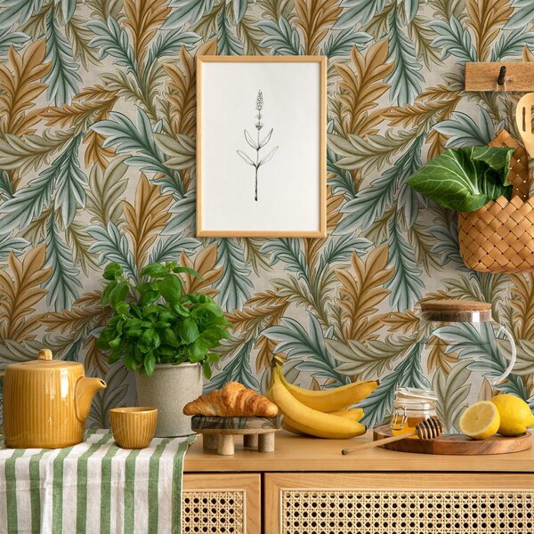 Tapet Frunziș decorativ într-o paletă caldă de ocru și verde, Tapet flori, a00673 : Uwalls.ro