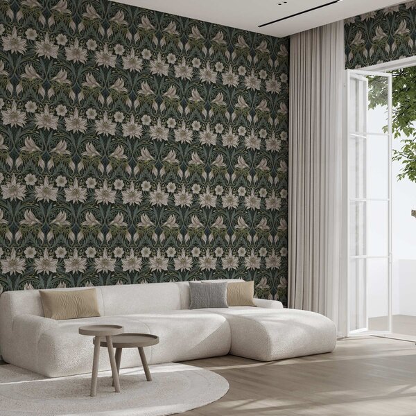 Tapet Compoziție Art Nouveau cu crini pe fundal întunecat, Tapet flori, a00696 : Uwalls.ro