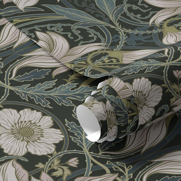 Tapet Compoziție Art Nouveau cu crini pe fundal întunecat, Tapet flori, a00696 : Uwalls.ro