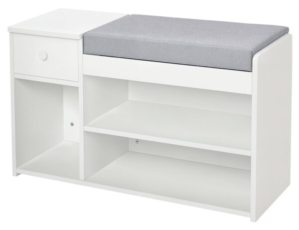 Banca pantofar cu perna, sertar si 3 compartimente deschise, mobilier din lemn pentru hol 81x31.5x49cm, alb | Aosom Romania