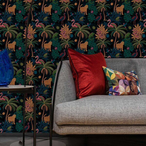Tapet Animale tropicale viu colorate printre frunze, pe un fundal întunecat, Tapet natura, Tapet frunze, a00701 : Uwalls.ro