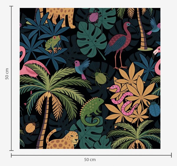 Tapet Animale tropicale viu colorate printre frunze, pe un fundal întunecat, Tapet natura, Tapet frunze, a00701 : Uwalls.ro