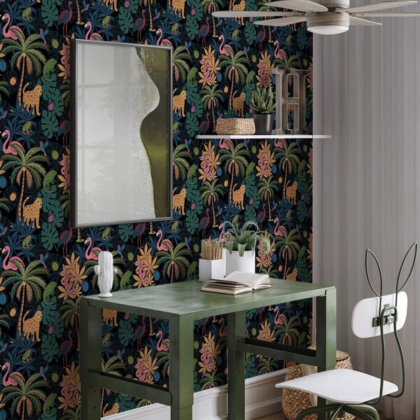 Tapet Animale tropicale viu colorate printre frunze, pe un fundal întunecat, Tapet natura, Tapet frunze, a00701 : Uwalls.ro