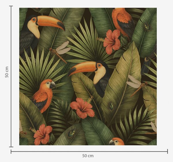 Tapet Tucani și papagali printre frunzișul tropical și flori, Tapet flori, a00702 : Uwalls.ro