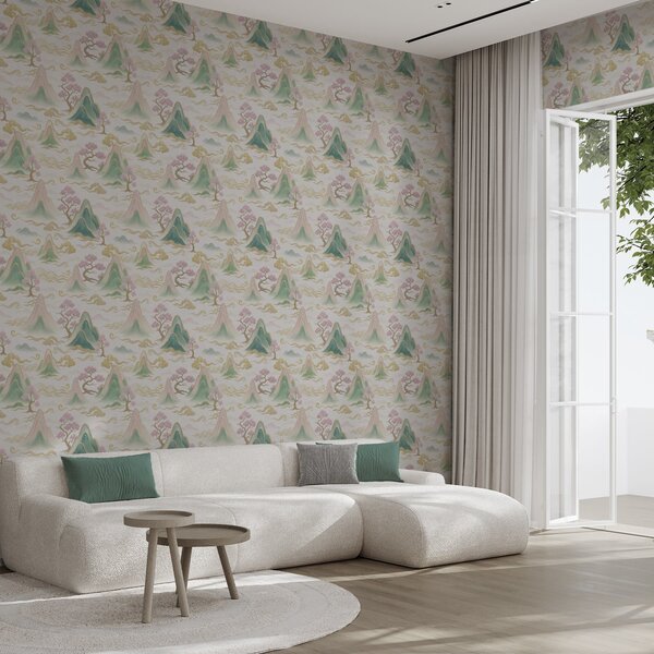 Tapet Munți, nori și pini într-un stil decorativ oriental, Tapet stil oriental, a00703 : Uwalls.ro