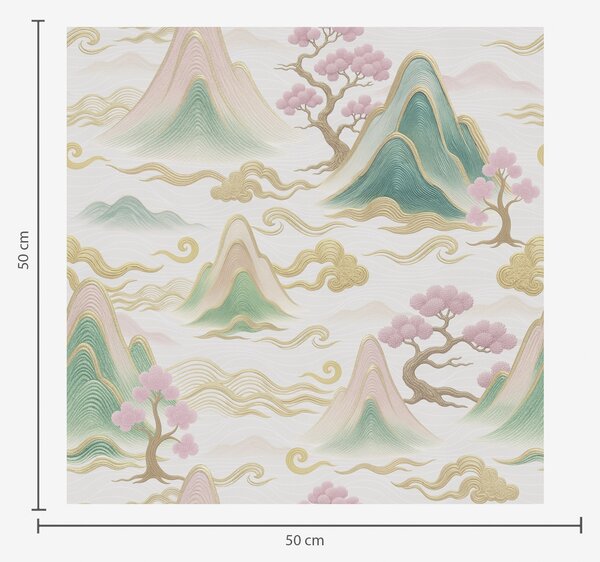 Tapet Munți, nori și pini într-un stil decorativ oriental, Tapet stil oriental, a00703 : Uwalls.ro