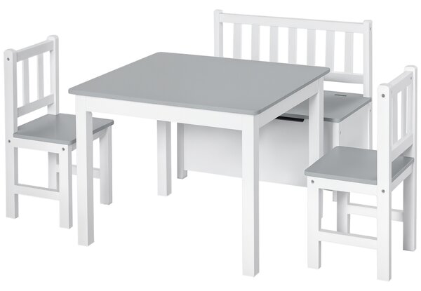 HOMCOM Set Mobilier pentru Copii 4 Piese, Masă, 2 Scaune, Bancă Depozitare, Lemn Multifuncțional, Alb și Gri | Aosom Romania