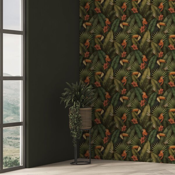 Tapet Tucani și papagali printre frunzișul tropical și flori, Tapet flori, a00702 : Uwalls.ro