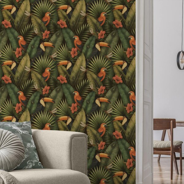 Tapet Tucani și papagali printre frunzișul tropical și flori, Tapet flori, a00702 : Uwalls.ro