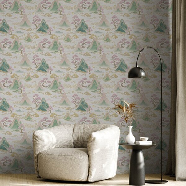 Tapet Munți, nori și pini într-un stil decorativ oriental, Tapet stil oriental, a00703 : Uwalls.ro
