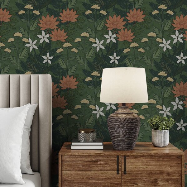Tapet Flori mari printre frunzișul verde, compoziție decorativă, Tapet flori, a00708 : Uwalls.ro