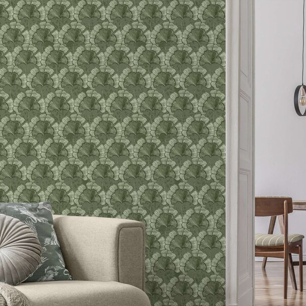 Tapet Model grafic cu ginkgo într-o paletă de culori verzi reci, Tapet natura, Tapet frunze, a00709 : Uwalls.ro
