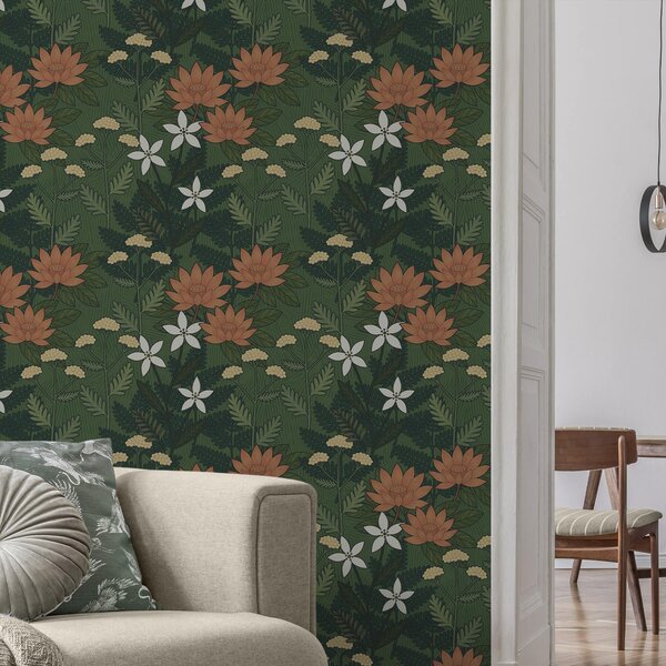 Tapet Flori mari printre frunzișul verde, compoziție decorativă, Tapet flori, a00708 : Uwalls.ro