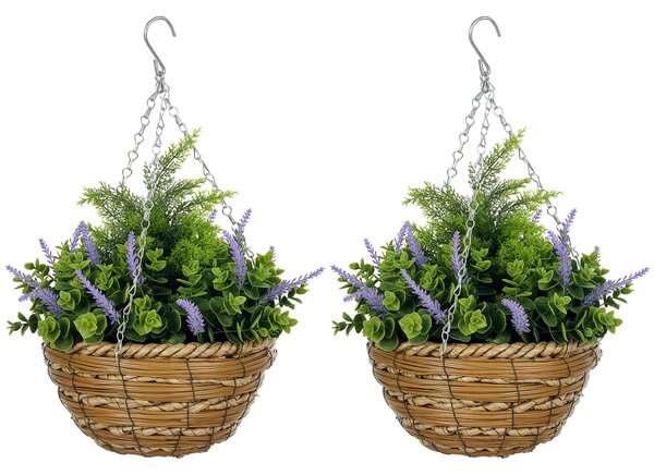 Outsunny Set 2 Plante Artificiale de Lavandă cu Ghiveci și Cârlig, Ø25x34 cm, Verde și Violet | Aosom Romania
