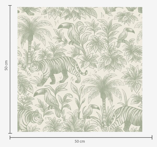 Tapet Tigri și păsări tropicale printre palmieri pe un fundal deschis, Tapet pădure, a00711 : Uwalls.ro