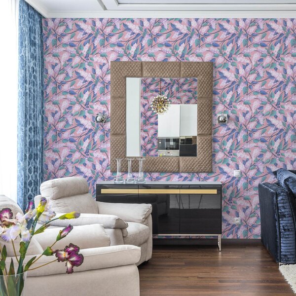 Tapet Flori delicate de liliac pe fond roz, atmosferă de primăvară, Tapet flori, a00797 : Uwalls.ro