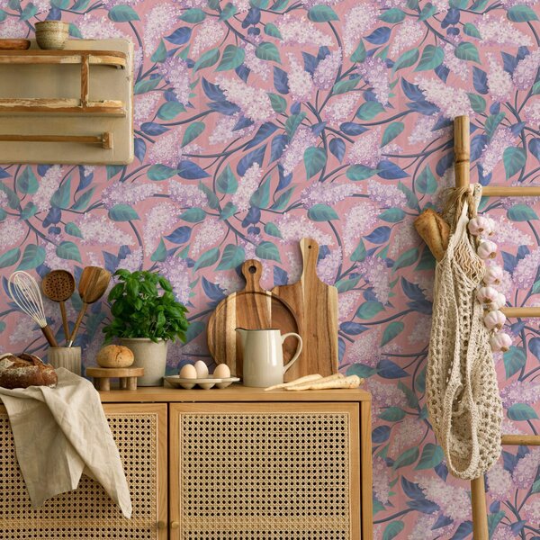 Tapet Flori delicate de liliac pe fond roz, atmosferă de primăvară, Tapet flori, a00797 : Uwalls.ro