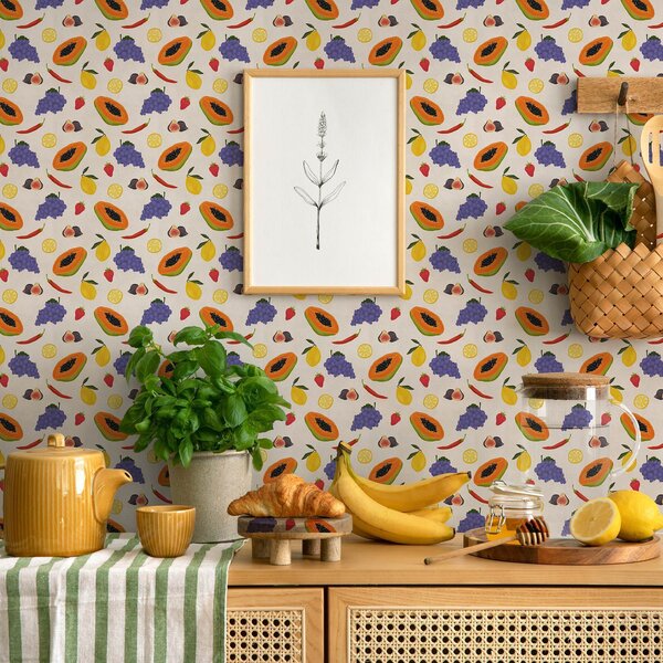 Tapet Papaya, struguri și lămâi — un mix de fructe viu colorat, Tapet Mâncare și băuturi, a00803 : Uwalls.ro