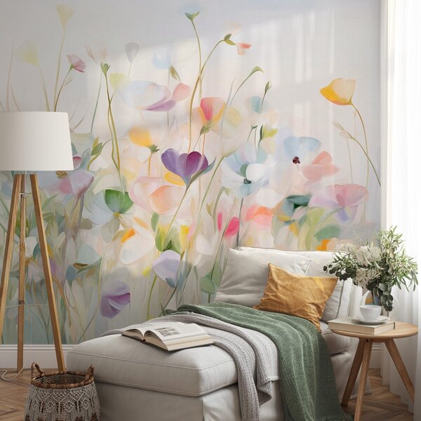 Tapet Câmp abstract de flori colorate cu tulpini lungi și frunze verzi, texturate, în culori pastelate, deschise, Fototapet Flori, w09466 : Uwalls.ro