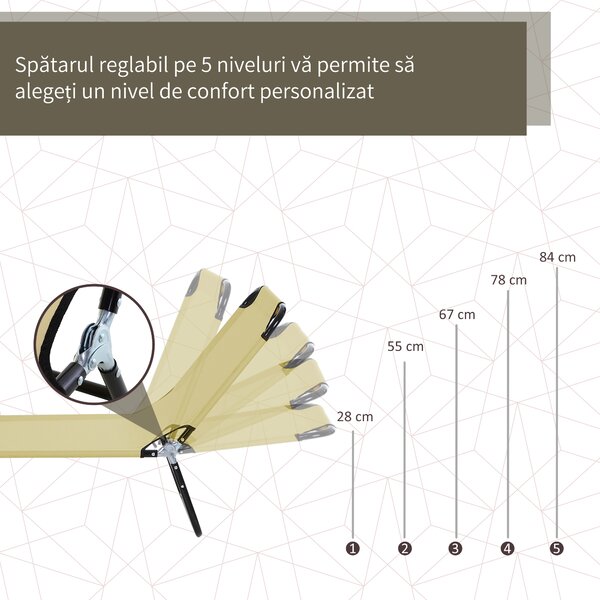Outsunny Sezlong Pliabil pentru Gradina cu Spatar Ajustabil 5 Pozitii din Otel si Tesatura Oxford 188x56x28 cm Bej | Aosom Romania