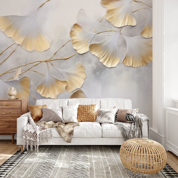 Tapet Frunze de Ginkgo biloba cu margini galbene pe o ramură, fundal texturat gri, design elegant și minimalist, Fototapet Natură, w09472 : Uwalls.ro