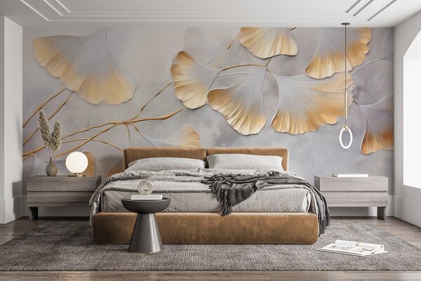 Tapet Frunze de Ginkgo biloba cu margini galbene pe o ramură, fundal texturat gri, design elegant și minimalist, Fototapet Natură, w09472 : Uwalls.ro