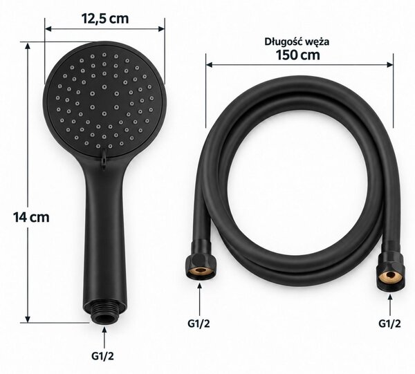 Erga Wemi, duș manual cu 3 funcții și furtun de 150 cm, 12,5 × 14 cm, negru mat, ERG-YKA-BP.WEMI-BLK