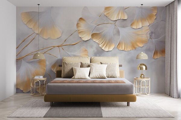 Tapet Frunze de Ginkgo biloba cu margini galbene pe o ramură, fundal texturat gri, design elegant și minimalist, Fototapet Natură, w09472 : Uwalls.ro
