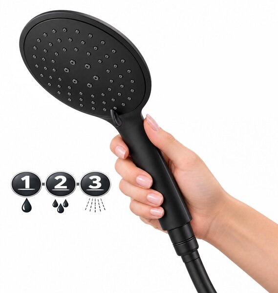Erga Wemi, duș manual cu 3 funcții și furtun de 150 cm, 12,5 × 14 cm, negru mat, ERG-YKA-BP.WEMI-BLK