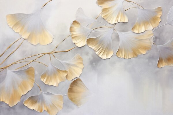 Tapet Frunze de Ginkgo biloba cu margini galbene pe o ramură, fundal texturat gri, design elegant și minimalist, Fototapet Natură, w09472 : Uwalls.ro