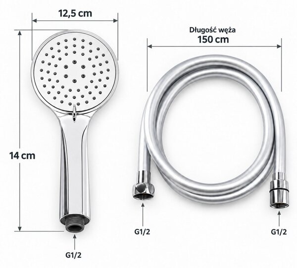 Erga Wemi, duș manual cu 3 funcții și furtun de 150 cm, 12,5 × 14 cm, cromat, ERG-YKA-BP.WEMI-CHR