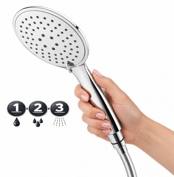 Erga Wemi, duș manual cu 3 funcții și furtun de 150 cm, 12,5 × 14 cm, cromat, ERG-YKA-BP.WEMI-CHR