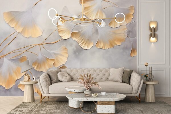 Tapet Frunze de Ginkgo biloba cu margini galbene pe o ramură, fundal texturat gri, design elegant și minimalist, Fototapet Natură, w09472 : Uwalls.ro
