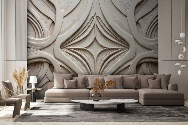 Tapet Imprimeu geometric abstract simetric texturat, culoare bej deschis, stil art deco, detalii complexe, Fototapet 3D, w09473 : Uwalls.ro