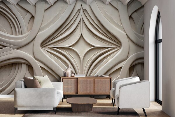 Tapet Imprimeu geometric abstract simetric texturat, culoare bej deschis, stil art deco, detalii complexe, Fototapet 3D, w09473 : Uwalls.ro